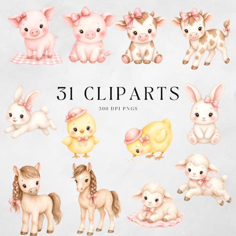 Pink Farm Clipart Watercolor, Baby Farm Animals Clipart, Cute Cow Pig ...