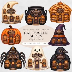 Puede incluir: Una colección de imágenes digitales con ocho tiendas temáticas de Halloween con formas de luna creciente, caldero, tarta de calabaza, calabaza, sombrero de bruja, araña, fantasma y cuervo, incluyendo etiquetas de texto como Moon Lantern Shop.