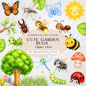 Pacchetto di clipart di simpatici insetti da giardino, insetti ad acquerello in formato PNG, clipart primaverili della natura, ape, farfalla, coccinella (uso commerciale)