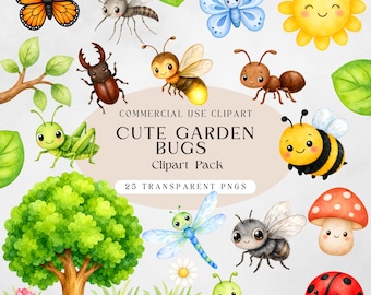 Paquete de imágenes prediseñadas de insectos de jardín adorables, insectos en acuarela PNG, imágenes prediseñadas de naturaleza primaveral, abeja, mariposa, mariquita para uso comercial.
