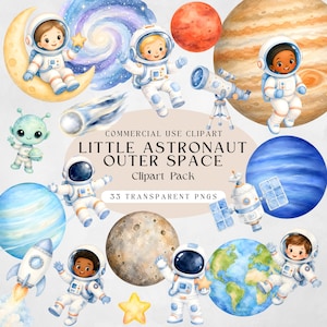 Outer Space Cute Astronaut Clipart Bundle, Watercolor PNG, Little Astronaut Planet Clipart, Space Birthday Nursery Commercial Use