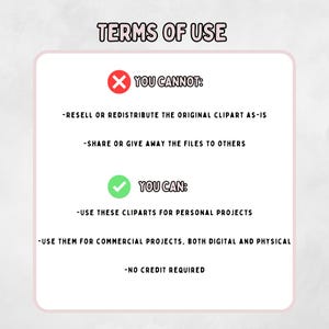 May include: A pink-bordered graphic with the text "TERMS OF USE." It details what is and isn't allowed when using the clipart. "YOU CANNOT" includes reselling or sharing the original clipart. "YOU CAN" includes personal and commercial use.