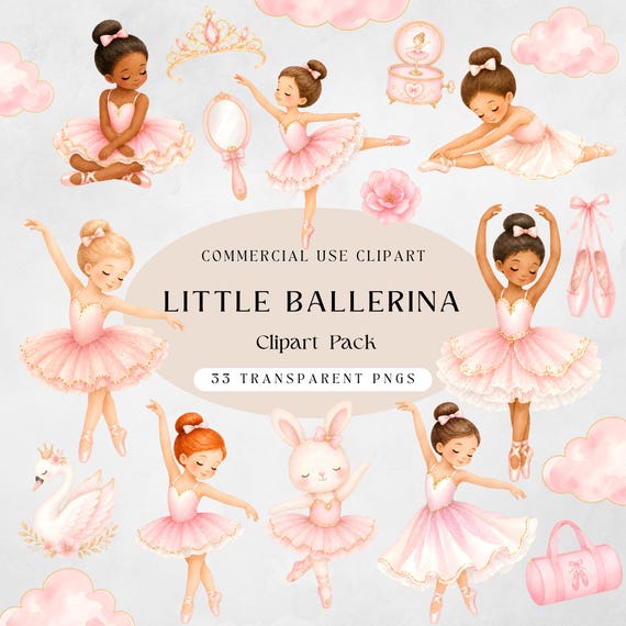Watercolor Ballerina Clipart Set Little Ballerina PNG Bundle, Pink Ballet Dancer Clipart Baby Girl Nursery Art Princess Ballet