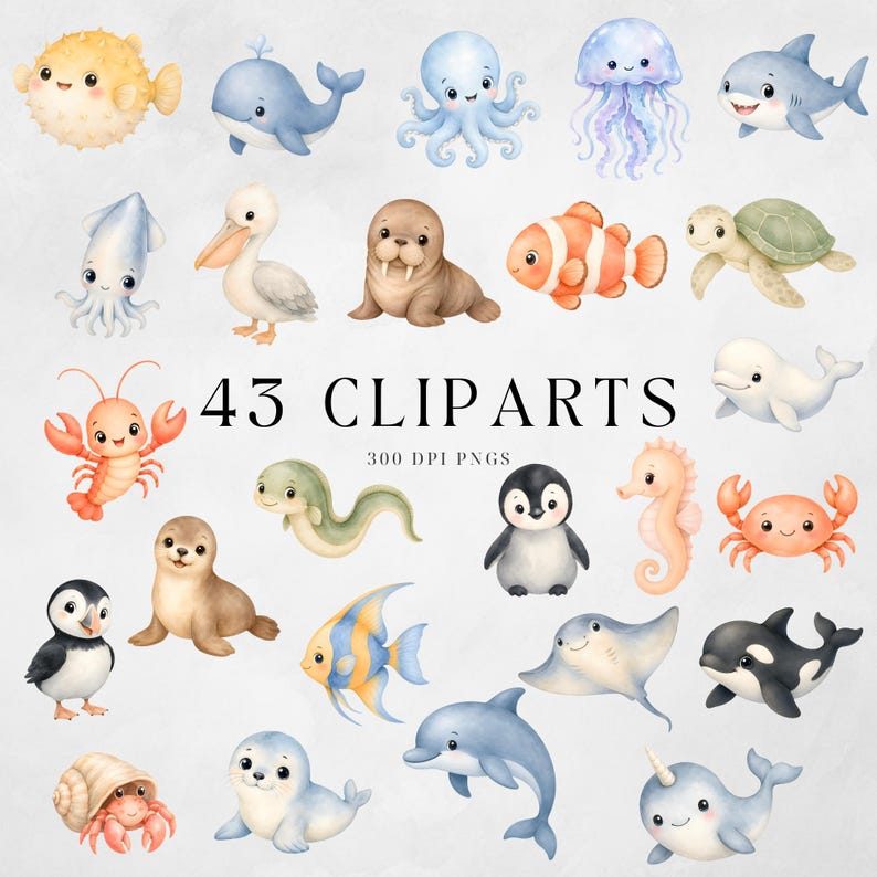 Watercolor sea life clipart set for baby shower invitations, nursery decor and birthday designs