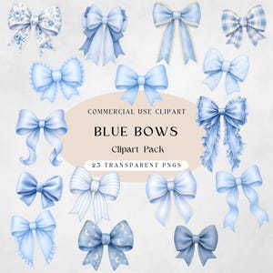 Blue Bow Clipart Bundle, Watercolor Baby Blue Ribbon PNG, Coquette Bows, Floral Gingham Lace, Commercial Use