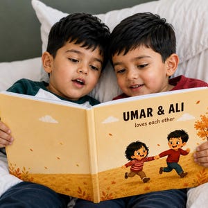 May include: A hardback children's book with a light orange cover featuring an illustration of two children running through autumn leaves. The text on the cover reads UMAR & ALI loves each other, accompanied by a drawing of two cartoon children.