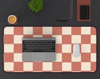 Rust Red Checkerboard Desk Mat | Vintage Plaid Desk Pad, Cozy Workspace Accessory