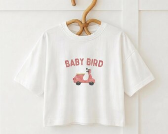 Baby Bird Scooter Toddler Tee | Minimalist Bird Illustration, White Cotton Shirt