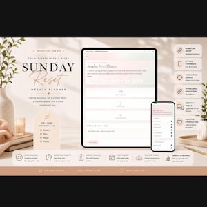 Op de afbeelding: Een digitale Sunday Reset weekplanner weergegeven op een tablet- en smartphonescherm. De interface bevat secties voor stemmingsregistratie, reflectievragen, weekplanning, gewoonte-tracking, zelfzorgtools en voortgangsstatistieken.