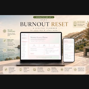 Può includere: Un computer portatile e uno smartphone che mostrano il pianificatore digitale Aura Burnout Reset. Lo schermo mostra un'interfaccia di pianificazione del recupero con sezioni per la crescita quotidiana, i livelli di energia e la navigazione. Il testo include funzionalità come un'app web interattiva e la navigazione tramite collegamenti ipertestuali.
