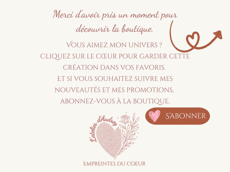 May include: A light beige graphic with French text, a heart-shaped arrow, and a heart-shaped button that says "S'abonner". The image also features a fingerprint design with a rose and the text "Empreintes du Coeur".