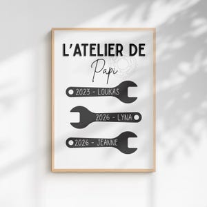 Peut inclure: Une affiche rectangulaire blanche dans un cadre en bois clair avec le texte noir L'ATELIER DE Papi. En dessous, trois illustrations de clés noires, chacune marquée d'une année et d'un prénom : 2023 - LOUKAS, 2026 - LYNA et 2026 - JEANNE.