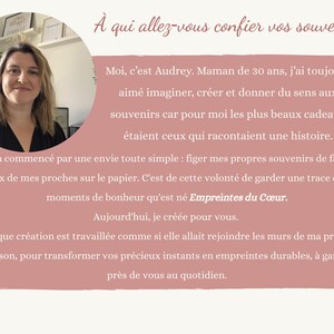 May include: A promotional image with a woman's portrait in a circular frame, accompanied by text in French. The text discusses preserving memories and features the brand name "Empreintes du C&oelig;ur."