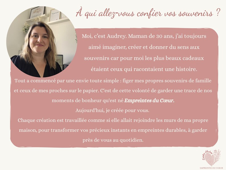 May include: A promotional image with a woman's portrait in a circular frame, accompanied by text in French. The text discusses preserving memories and features the brand name "Empreintes du C&oelig;ur."