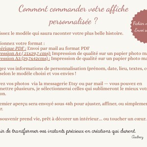 May include: A cream-colored poster with French text detailing how to order a personalized print. Includes options for digital PDF, A4 (8.3x11.7 inches), and A3 (11.7x16.5 inches) prints. A pink seal indicates digital file delivery within 48 hours.