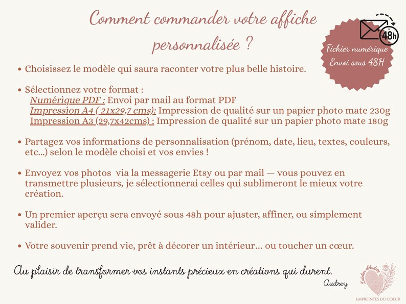 May include: A cream-colored poster with French text detailing how to order a personalized print. Includes options for digital PDF, A4 (8.3x11.7 inches), and A3 (11.7x16.5 inches) prints. A pink seal indicates digital file delivery within 48 hours.