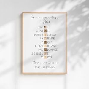 Póster personalizado de agradecimiento para profesores con diseño de Scrabble | Regalo original de fin de curso | Póster con nombre para profesor, auxiliar docente o niñera | Decoración para el aula