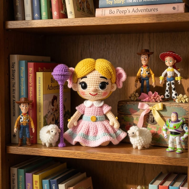 May include: A crocheted Bo Peep doll with a pink dress and yellow hair is displayed on a wooden shelf, alongside other Toy Story characters and a purple lollipop. Books and a white sheep figurine are also present.
