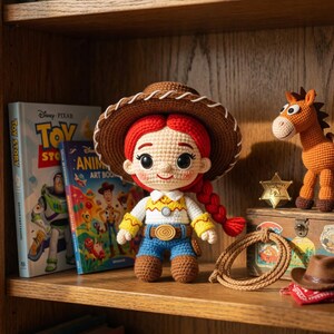 May include: A crocheted Jessie doll from Toy Story, wearing a brown hat, yellow shirt, blue jeans, and brown boots. A crocheted horse, a rope, and a sheriff's badge are also visible. Books with the Toy Story theme are on the shelf.