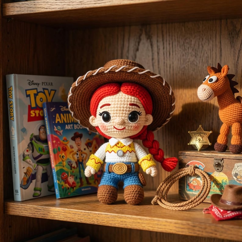 May include: A crocheted Jessie doll from Toy Story, wearing a brown hat, yellow shirt, blue jeans, and brown boots. A crocheted horse, a rope, and a sheriff's badge are also visible. Books with the Toy Story theme are on the shelf.