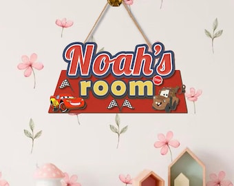 Lightning McQueen Door Sign, Cars Movie Wooden Name Plaque, Personalized Boys Room Door Hanger
