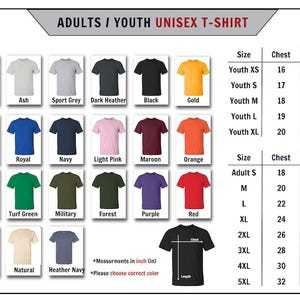 K&ouml;nnte beinhalten: Farbkarte f&uuml;r Unisex-T-Shirts, mit Farben wie Wei&szlig;, Schwarz und Gold. Gr&ouml;&szlig;en von Youth XS bis 5XL, mit Brust- und L&auml;ngenma&szlig;en in Zoll, umgerechnet in Zentimeter.