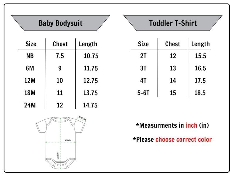 K&ouml;nnte beinhalten: Gr&ouml;&szlig;entabelle f&uuml;r Baby-Bodys und T-Shirts f&uuml;r Kleinkinder. Die Baby-Body-Gr&ouml;&szlig;en reichen von Neugeborenen bis 24 Monate, mit Brustma&szlig;en von 7,5 bis 12 Zoll und L&auml;ngen von 10,75 bis 14,75 Zoll. Ma&szlig;e in Zoll.
