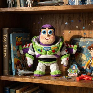 May include: A crocheted Buzz Lightyear toy from the movie Toy Story. The toy is white, green, purple, and black, with a smiling face and large blue eyes. The toy is displayed on a wooden shelf with other Toy Story-themed items.