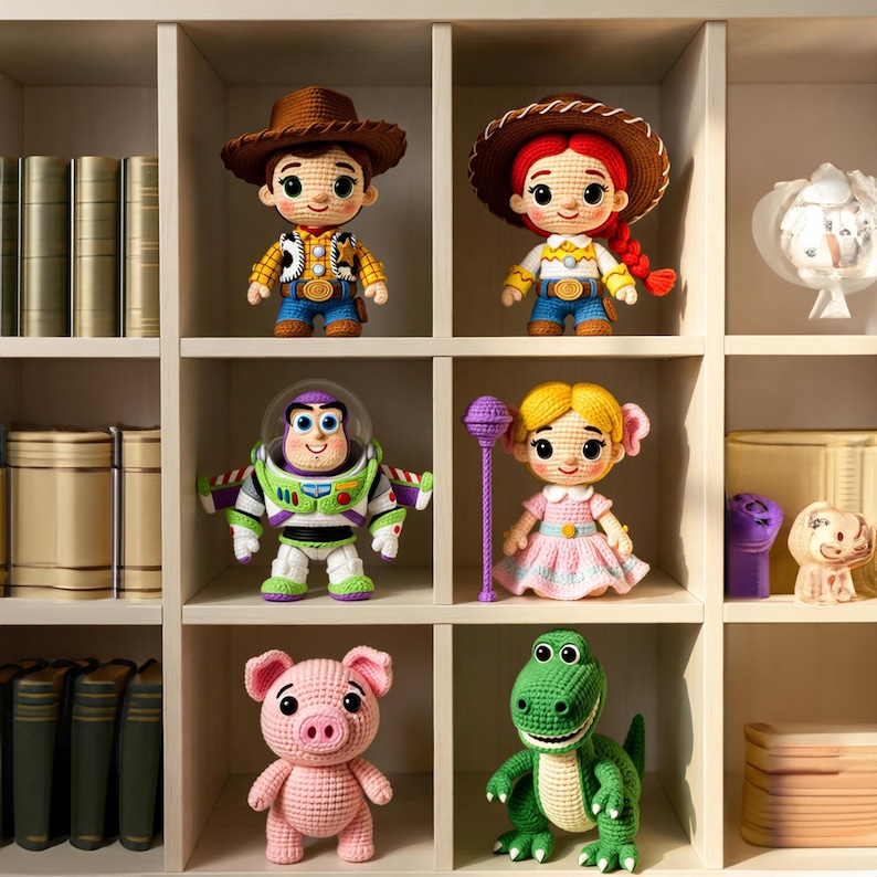 May include: A collection of handmade crochet dolls, including characters like Woody, Jessie, Buzz Lightyear, and others. The dolls are displayed on a white shelf, showcasing their detailed craftsmanship and vibrant colors. Each doll is approximately 6-8 inches tall.