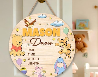 Winnie the Pooh Birth Announcement Sign, Wooden Newborn Stats Board, Personalized Pooh Tigger Piglet Eeyore Nursery Decor, Disney Baby Gift