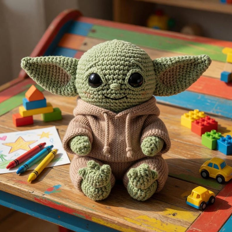 May include: A crocheted doll resembling a character with large ears and big black eyes. The doll is wearing a tan hoodie and is sitting on a wooden table with crayons, a drawing, and toy blocks. The doll is green and tan.