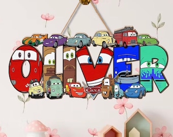Custom Cars Name Sign, Boys Room Decor, Personalized Wooden Letters, Kids Lightning McQueen Nursery Art, Disney Pixar Room Decor, Wood Name