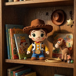 May include: A crocheted Woody doll from Toy Story, wearing a brown hat, yellow shirt, blue jeans, and a sheriff's badge. Beside the doll are Toy Story books, a crocheted horse, a hat, and a sheriff's star.