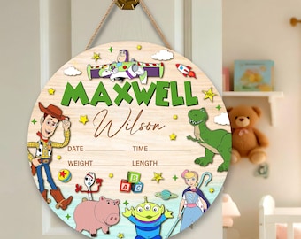 Toy Story Birth Announcement Sign, Wooden Newborn Stats Board, Woody Buzz Lightyear Rex Nursery Decor, Personalized Disney Baby Name Sign