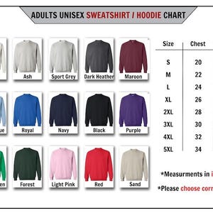 K&ouml;nnte beinhalten: Eine Tabelle mit Unisex-Sweatshirt- und Hoodie-Farben, darunter Wei&szlig;, Grau und Schwarz. Die Tabelle zeigt auch Gr&ouml;&szlig;enangaben in Zoll f&uuml;r Brust und L&auml;nge, von S bis 5XL.