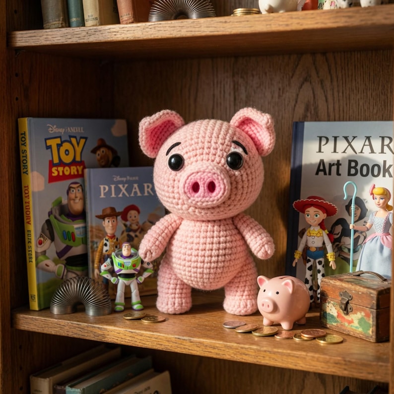 May include: A handmade pink crochet pig stands on a wooden shelf, next to a small piggy bank and coins. Toy Story books and figurines of Buzz Lightyear, Woody, and Jessie are also on the shelf. A slinky toy is also visible.