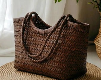 Genuine Leather Woven Tote Bag Handcrafted Hobo Bag Open Top Market Boho Shoulder