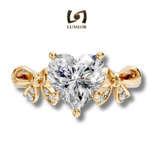 18k 14k 10k Solid Gold Heart Lab Diamond Engagement Ring | Romantic Bow IGI Certified