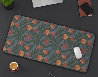 Vintage Tulip Floral Desk Mat | Sage Green Background Workspace Accessory