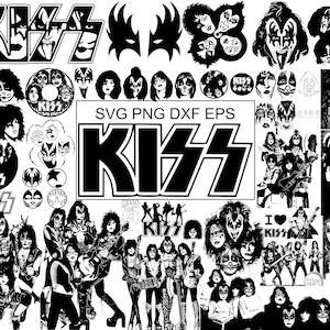 Può includere: Una collezione di grafiche in bianco e nero a tema KISS. Include il logo della band, ritratti dei singoli membri e illustrazioni di gruppo. È presente anche il testo "SVG PNG DXF EPS".