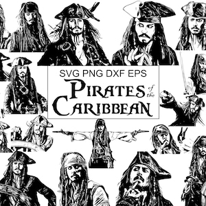 Pode incluir: Ilustrações digitais em preto e branco de Jack Sparrow de Piratas do Caribe. Várias poses são mostradas, incluindo retratos e fotos de corpo inteiro. O texto "PIRATES of the CARIBBEAN" também está incluído.