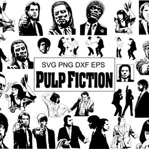 Può includere: Illustrazioni vettoriali in bianco e nero di personaggi e scene del film "Pulp Fiction". Le immagini includono ritratti, pose d'azione e il titolo del film. Formati file: SVG, PNG, DXF e EPS.