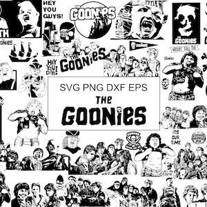 May include: A collection of black and white illustrations and text from the movie "The Goonies." The images include character portraits, pirate-themed graphics, and the film's title. Text includes "Hey You Guys!" and "Never Say Die."