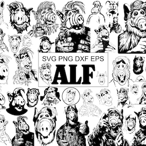 May include: A collection of black and white illustrations of the character Alf, in various poses and expressions. The text "SVG PNG DXF EPS" is above the word "ALF". The images are suitable for digital art projects.