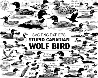 SVG 63 Dummer kanadischer Wolf Vogel Mega Bundle | Loon Illustrationen, wilde Tiere Humor Kunst | svg dxf eps png Dateien | Vektor Cricut