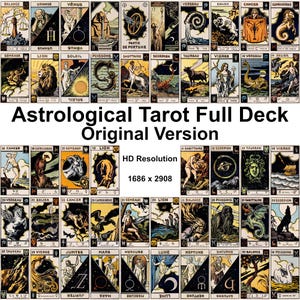 May include: A collection of tarot cards featuring astrological themes, zodiac signs, and planetary symbols. The cards display detailed illustrations in a vintage style with black, gold, and cream tones. Text includes "Astrological Tarot Full Deck Original Version" and "HD Resolution 1686 x 2908".