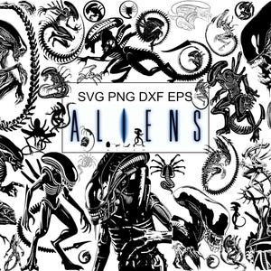 Puede incluir: Una colección de ilustraciones de alienígenas en blanco y negro en varias poses y estilos. La palabra "ALIENS" se muestra en fuente azul. La imagen incluye formatos de archivo SVG, PNG, DXF y EPS.