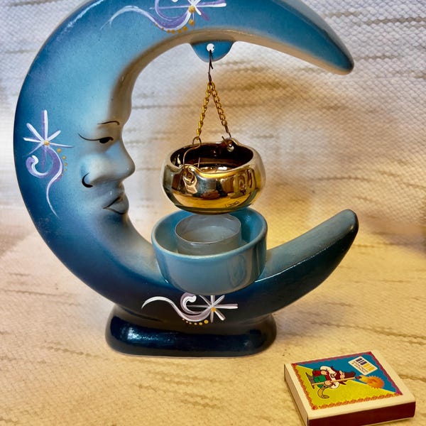 Vintage Ceramic Moon Candle Holder – Hand-Painted Celestial Decor with Hanging Bowl