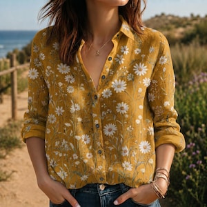 May include: A long-sleeved button-down shirt in a mustard yellow colour featuring an all-over white daisy floral print. The shirt has a classic collar, a front button placket with dark buttons, and long sleeves with cuffs, worn tucked into dark blue jeans.