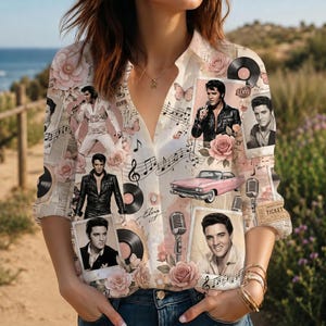 May include: A long-sleeve button-down shirt featuring a collage print of Elvis Presley in various poses, a pink vintage car, vinyl records, microphones, musical notes, and soft pink roses on a cream background with newspaper-style text accents.